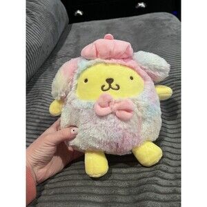 NWT Sanrio Pompompurin Pouch Fluffy Rainbow Design Plush Case